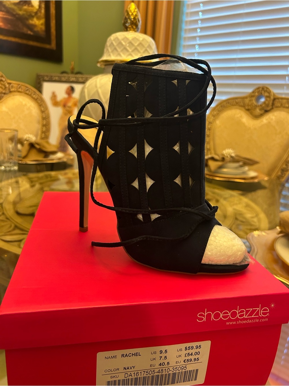 Shoe Dazzle Navy and Cream Lace-Up Cutout Stiletto